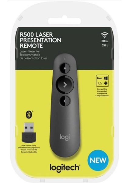 Logitech R500 Laser Sunum Kumandası, Kablosuz, 20M Menzil, Bluetooth ve USB Bağlantı, Mac ve Windows