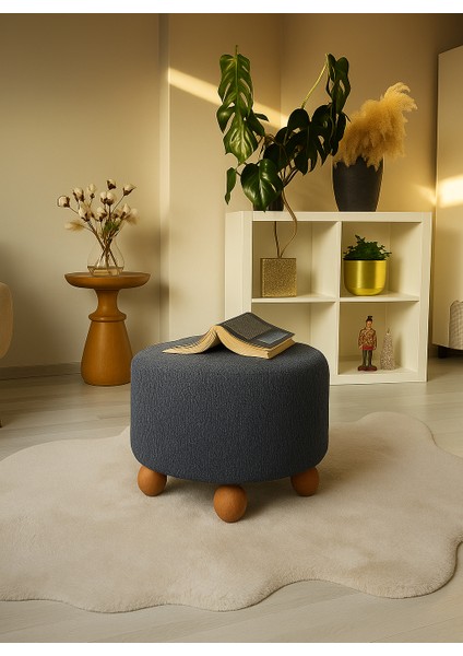 Pufo Dekoratif rahat ve konforlu puf - lacivert renkli - gürgen ayaklı - yuvarlak puf - çok amaçlı kullanım - modern bench