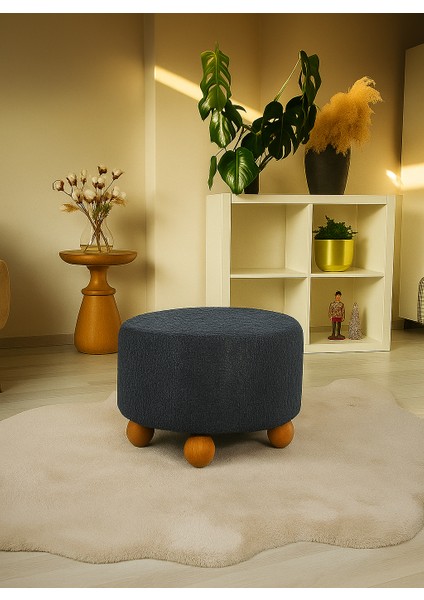 Pufo Dekoratif rahat ve konforlu puf - lacivert renkli - gürgen ayaklı - yuvarlak puf - çok amaçlı kullanım - modern bench fiyatları