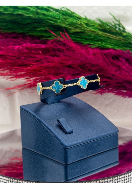 925 Ayar Gümüş 5’li Firuze Taşlı Gold Renk Yonca Modeli Zarif Kadın Bileklik