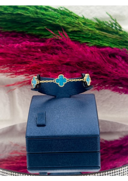 925 Ayar Gümüş 5’li Firuze Taşlı Gold Renk Yonca Modeli Zarif Kadın Bileklik fiyatları