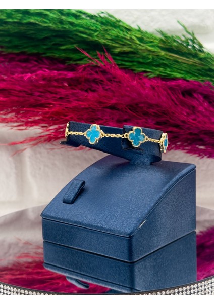 925 Ayar Gümüş 5’li Firuze Taşlı Gold Renk Yonca Modeli Zarif Kadın Bileklik modelleri