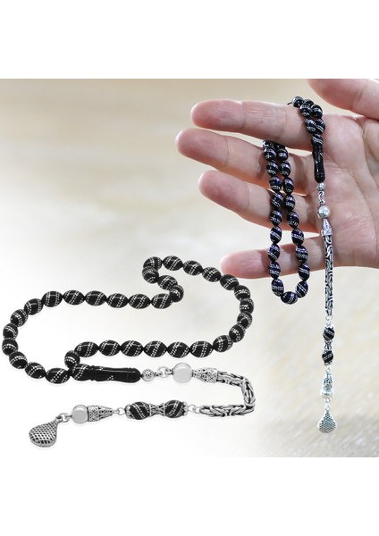 925 Ayar Gümüş Kral Püsküllü Çift Sıra Gümüş Spiral Işlemeli Arpa Kesim Erzurum Oltu Taşı Tesbih fiyatları