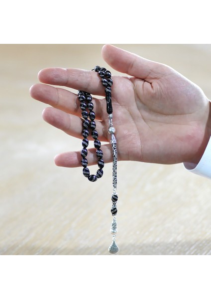 925 Ayar Gümüş Kral Püsküllü Çift Sıra Gümüş Spiral Işlemeli Arpa Kesim Erzurum Oltu Taşı Tesbih fırsatları