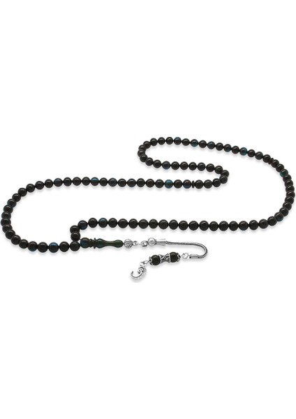 925 Ayar Gümüş Püsküllü Küre Kesim Mavi Siyah Sıkma Kehribar 99 Taneli Namaz Tesbihi