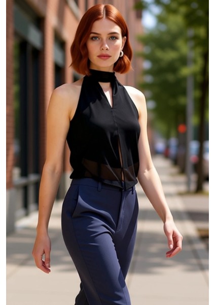 Kadın Hayvan Desenli Boyundan Bağlamalı Tül Bluz Kaliteli Şık Rahat Modern Zarif Günlük