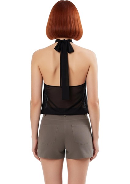 Kadın Hayvan Desenli Boyundan Bağlamalı Tül Bluz Kaliteli Şık Rahat Modern Zarif Günlük fırsatları