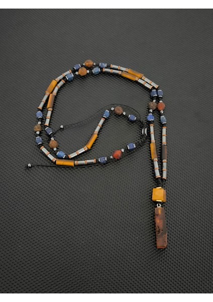 Fosilli Damla Kehribar-Kaplangözü-Lapis Lazuli-Hematit Doğaltaş Kolye Takı Aksesuar Erkek Kolye