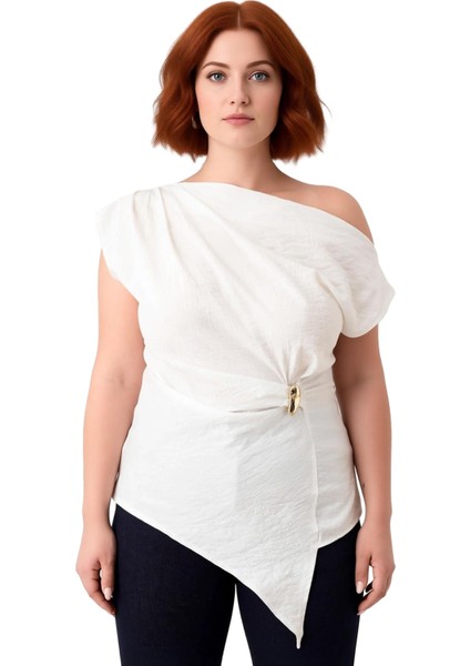 Kadın Asimetrik Kesim Kayık Yaka Detaylı Dokuma Bluz Kaliteli Şık Rahat Modern Zarif modelleri