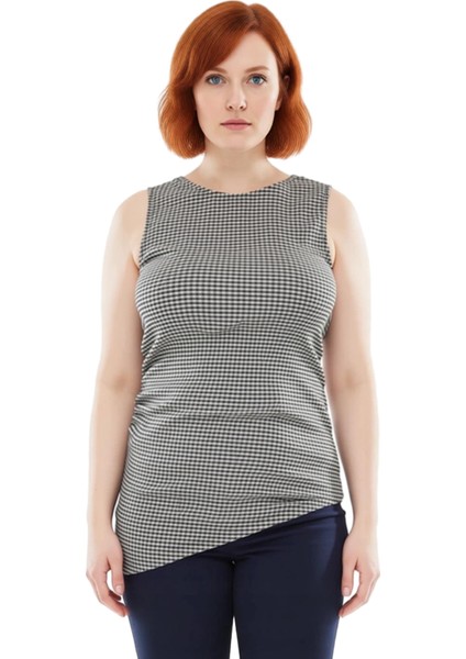 Kadın Asimetrik Kesimli Kareli Desenli Kolsuz Örme Kaliteli Şık Rahat Modern Zarif modelleri