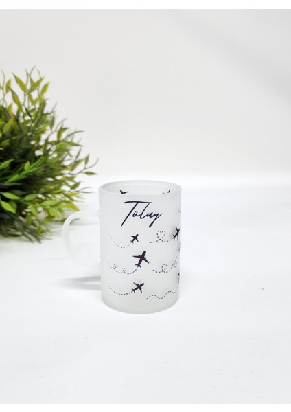Isme Özel Kişiye Özel Buzlu Cam Uçak Temalı Çay Bardağı Çay Fincanı