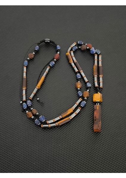 Fosilli Damla Kehribar-Kaplangözü-Lapis Lazuli-Hematit Doğaltaş Kolye Takı Aksesuar Erkek Kolye