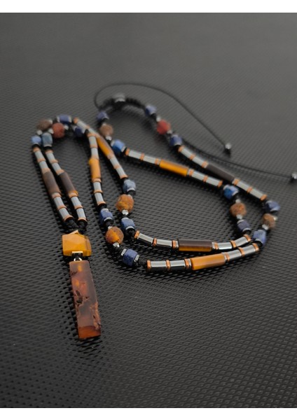 Fosilli Damla Kehribar-Kaplangözü-Lapis Lazuli-Hematit Doğaltaş Kolye Takı Aksesuar Erkek Kolye