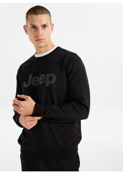 Bisiklet Yaka Baskılı Siyah Erkek Sweatshırt J5WM-SWT7692