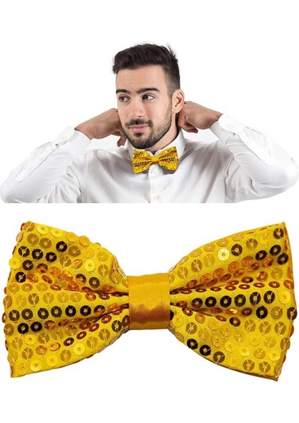 Gece Işıltısı Altın Payetli Pullu Papyon 7x2 cm - Lisinya modelleri