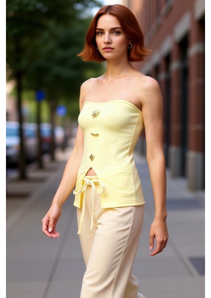 Kadın Vücuda Oturan Straplez Ottoman Örme Bluz Düğme Detaylı Esnek Yapı Kaliteli Şık Rahat