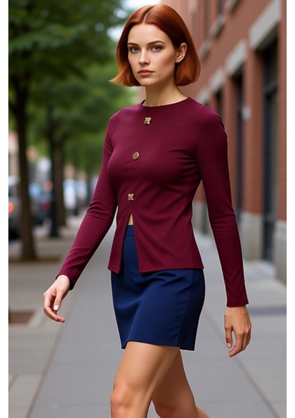 Kadın Vücuda Oturan Dik Yaka Ottoman Örme Bluz Uzun Kollu ve Düğmeli Detaylı Kaliteli Şık Rahat