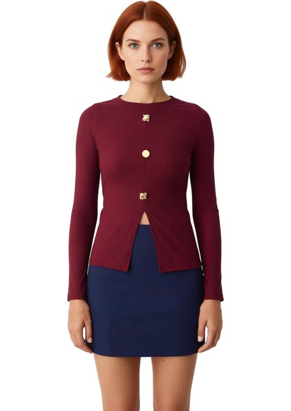 Kadın Vücuda Oturan Dik Yaka Ottoman Örme Bluz Uzun Kollu ve Düğmeli Detaylı Kaliteli Şık Rahat modelleri