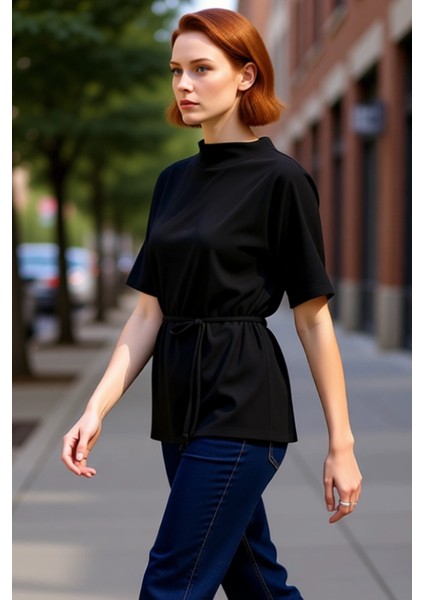 Kadın Regular Fit Dik Yaka Bağlama Detaylı Örme Bluz Kaliteli Şık Rahat Modern Zarif Günlük