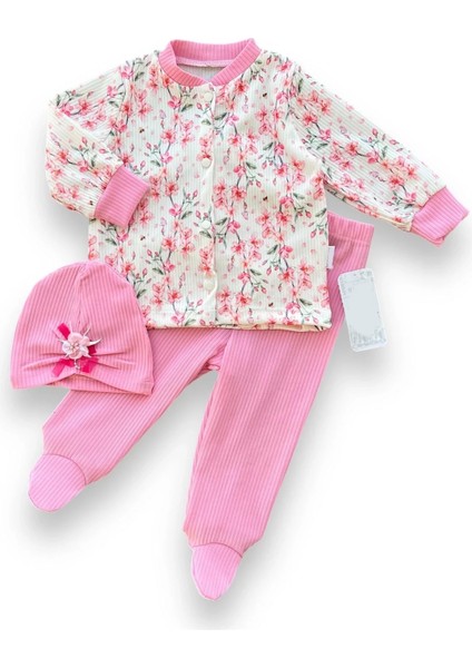 3-6-9-12 Ay Çiçek Baskılı Şapkalı Çıtçıt Kapamalı Patikli 3lü Kız Bebek Takımı Pembe