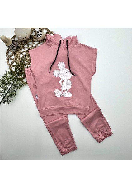 3-4-5 Yaş Kapşonlu Payetli Mickey Desenli Kısa Kol 2li Kız Erkek Çocuk Takımı Gül Kurusu