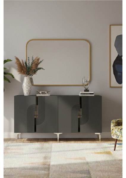 KA1516AS- Meyra Konsol, Tv Sehpası, Çok Amaçlı Dolap 150CM Antrasit-Sılver