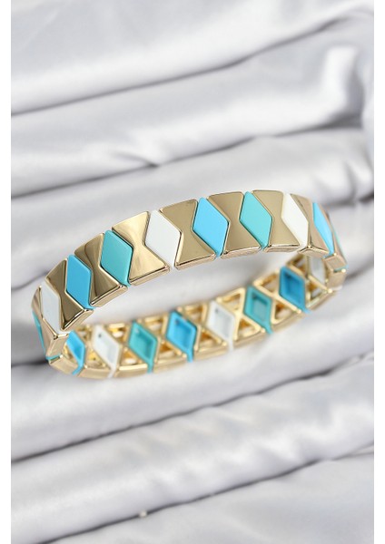 Pirinç Baklava Desenli Mavi Beyaz Gold Renk Lastikli Kadın Bileklik - Lisinya