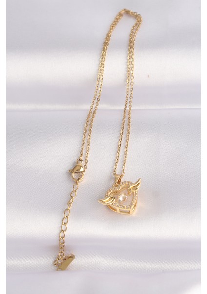 316L Çelik Zincir Altın Renk Zirkon Taşlı Kanatlı Kalp Kolye - Lisinya modelleri