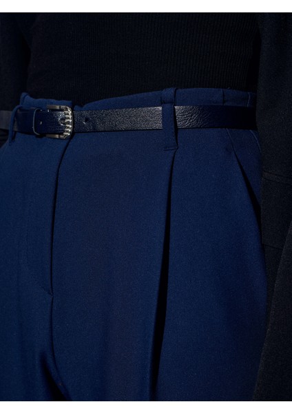 72205 Kemerli Kısa Paça Kumaş Pantolon-Indigo fırsatları