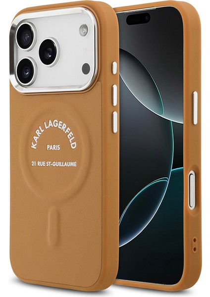 iPhone 17 Pro Kılıf Karl Lagerfeld Lisanslı M-Safeli Metal Kamera ve Buton Paris Rsg Deri Kahverengi