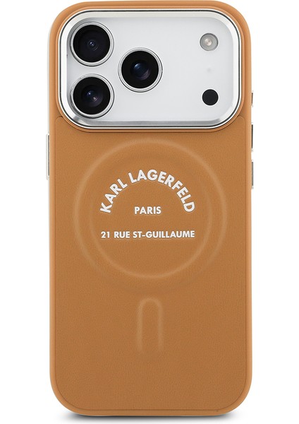 iPhone 17 Pro Kılıf Karl Lagerfeld Lisanslı M-Safeli Metal Kamera ve Buton Paris Rsg Deri Kahverengi modelleri