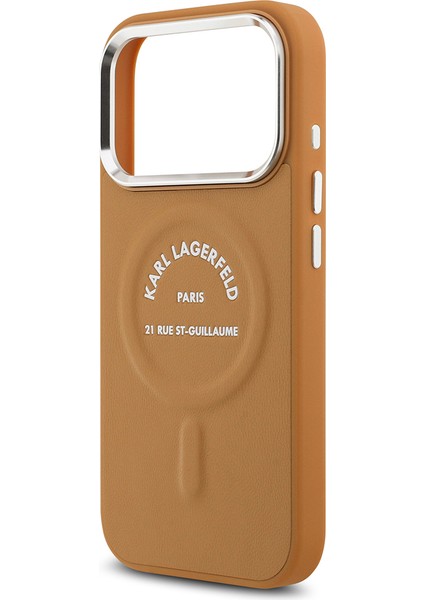 iPhone 17 Pro Kılıf Karl Lagerfeld Lisanslı M-Safeli Metal Kamera ve Buton Paris Rsg Deri Kahverengi
