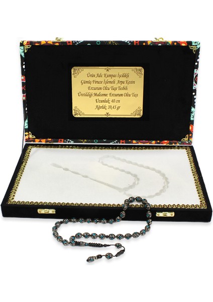 Özel Premium Kutulu Kumpas Işçilikli Gümüş Firuze Işlemeli Arpa Kesim Erzurum Oltu Taşı Tesbih