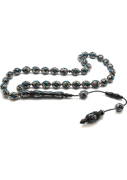 Özel Premium Kutulu Kumpas Işçilikli Gümüş Firuze Işlemeli Arpa Kesim Erzurum Oltu Taşı Tesbih fiyatları