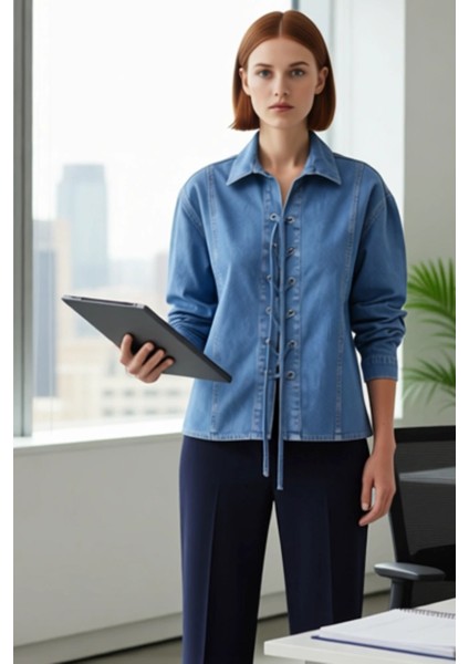 Kadın Uzun Kollu Denim Gömlek Bağlama Detaylı Casual Şıklık ve Konfor Fonksiyonel Kaliteli fırsatları