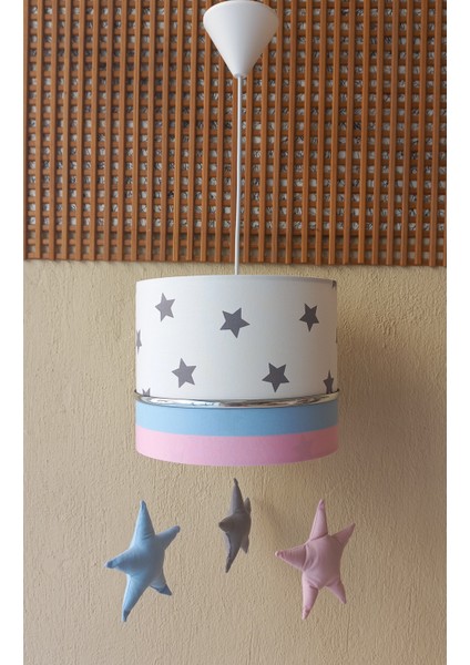 Beyaz Pembe Mavi Yıldızlı M-368 Sarkıtlı Avize Kumaş Kaplama Çocuk Odası Genç ve Bebek Odası Avize Sarkıt