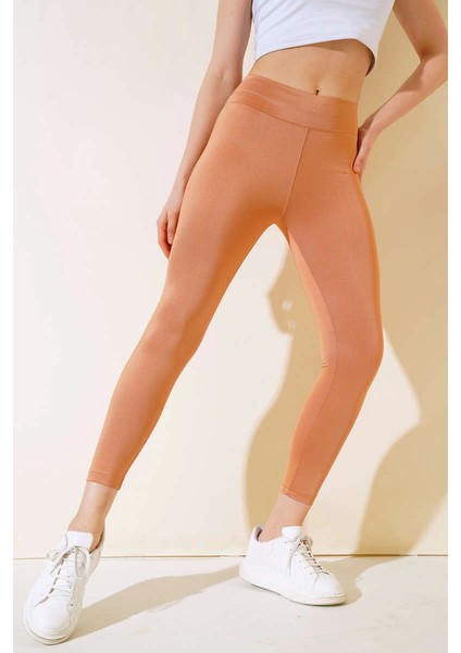 Esnek Yüksek Bel Taba Uzun Parlak Disco Tayt ( Lisinya )