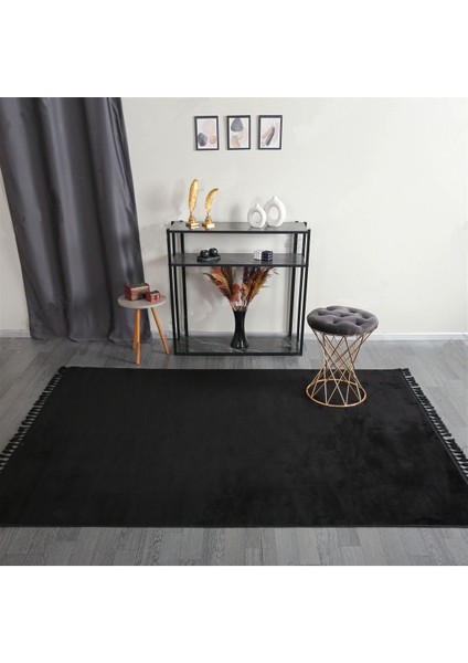 Siyah Cloudy Düğüm Saçaklı Post Peluş Halı Kaymaz Taban Yumuşacık Yolluk Modern Halı