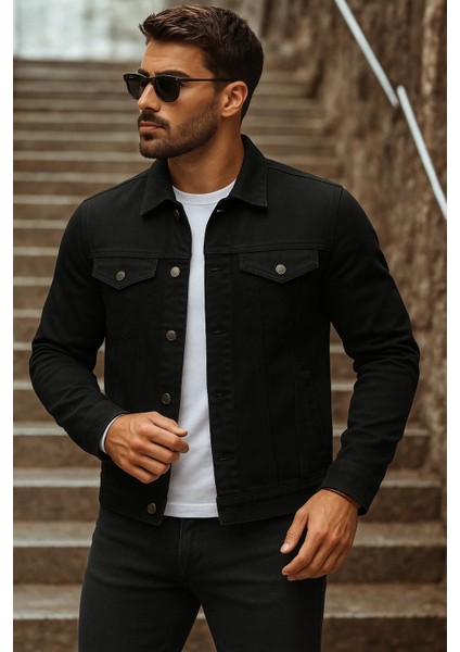 Erkek Mevsimlik Basic Günlük Trend Siyah Kot Ceket