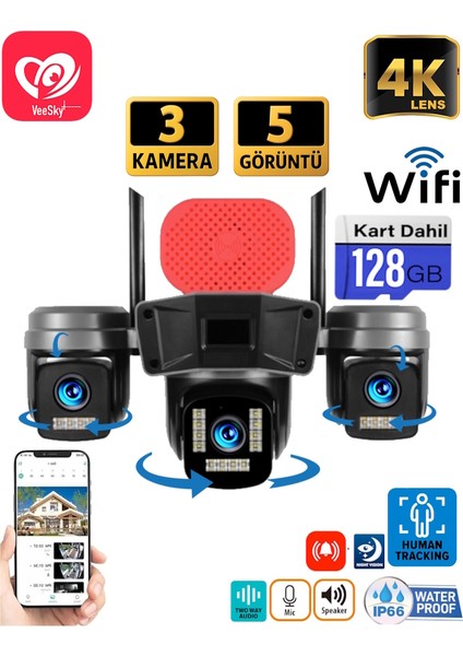 S308 128GB 3 Kameralı 6MP 4K UltraHD Wifi Kamera Siren Gece Görüş