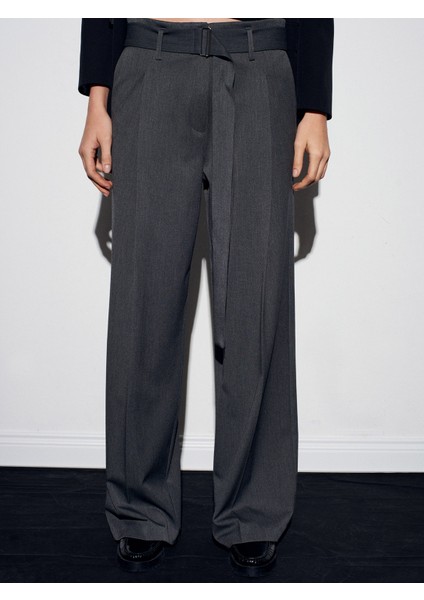 72210 Kemerli Pileli Bol Kumaş Pantolon-Gri indirimleri