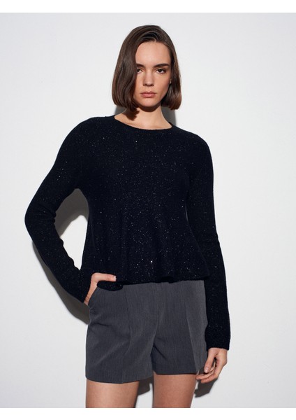 10832 Peplum Parıltılı Triko Kazak-Siyah