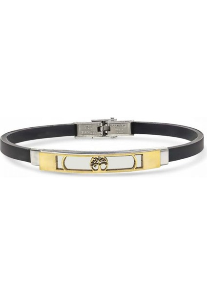 Erkek Hayat Ağacı Desenli Silikon Kordonlu Çelik Bileklik