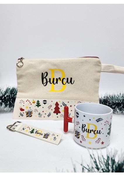 Isme Özel Kişiye Özel Yılbaşı Temalı T Kupa Bardak Latte Fincanı Clutch Çanta Anahtarlık Hediye Seti