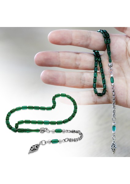 Ateş Kehribar Tesbih - Kararmaz Metal Arnavut Püsküllü - Mini Boy - Yeşil Renk - Kapsül Kesim fiyatları