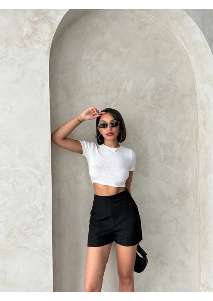 Yüksek Bel Parçalı Double Kumaş Şort S25312