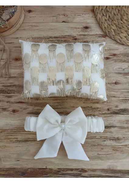 Yenidoğan Izmir Incisi Tül Işlemeli Pamuklu Fiyonklu Kundaklı Lüks 3lü Alt Açma Seti Gold