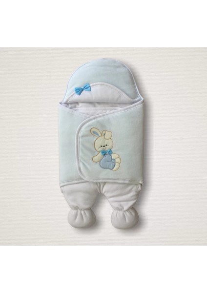 Yenidoğan Kadife Kumaş Ayıcık Nakışlı Şapkalı Kız Erkek Bebek Ayaklı Kundak Bebek Battaniyesi Mavi