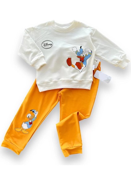 6-9-12-18 Ay Ördek Baskılı Pamuk Penye Kumaş Erkek Bebek Takımı Turuncu