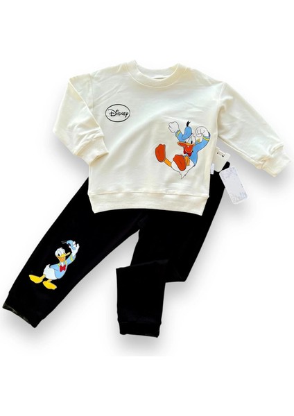 6-9-12-18 Ay Ördek Baskılı Pamuk Penye Kumaş Erkek Bebek Takımı Siyah